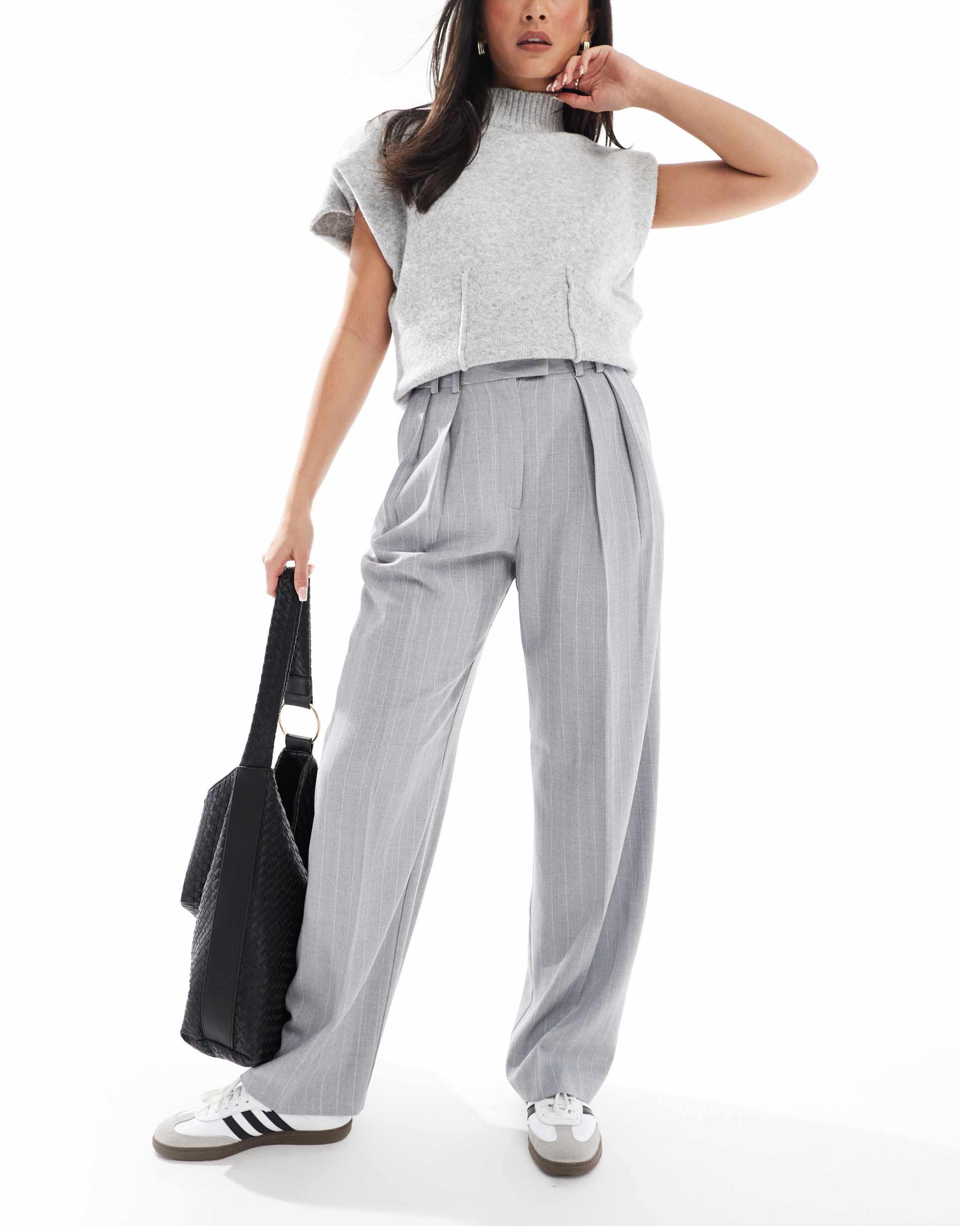 asos design tailored wide leg pants with pleat detail in gray stripe