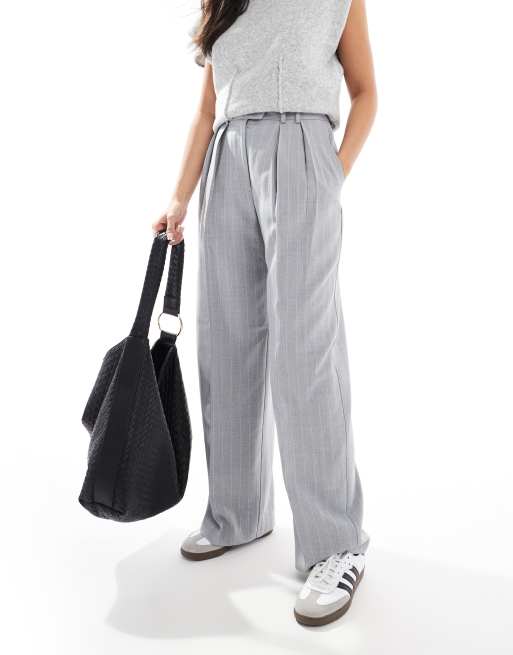 ASOS DESIGN tailored wide leg pants with pleat detail in gray stripe