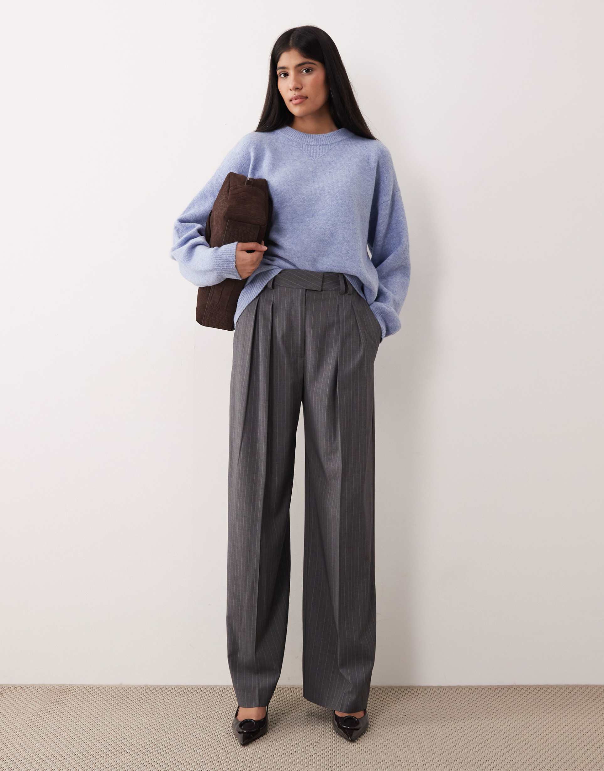 asos design tailored wide leg pants with pleat detail in gray stripe