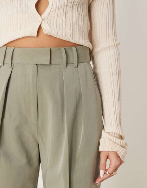 ASOS DESIGN tailored wide leg pants with pleat detail in khaki