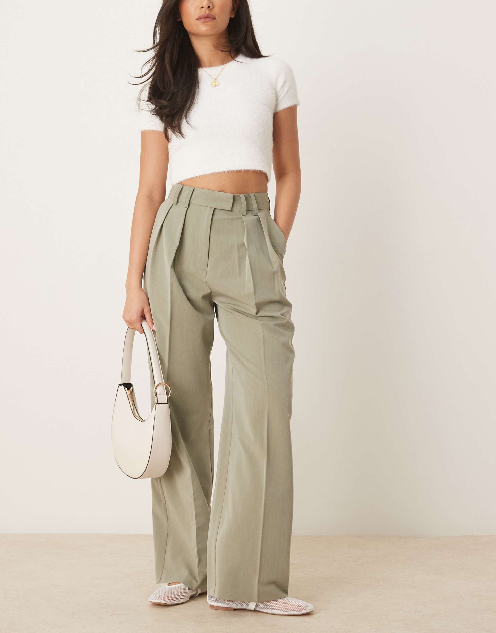 asos design tailored wide leg pants with pleat detail in khaki