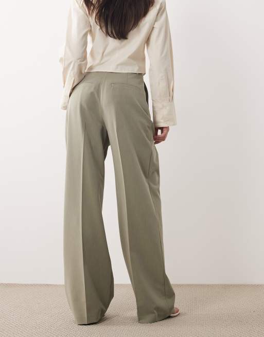 ASOS DESIGN tailored wide leg pants with pleat detail in khaki, 2 of 5