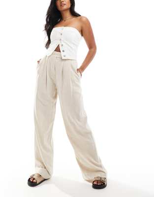 tailored wide leg pants with pleat detail in linen blend in natural-Neutral