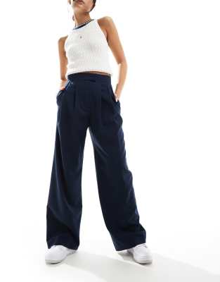 Asos Design Tailored Wide Leg Pants With Pleat Detail In Navy In Navy