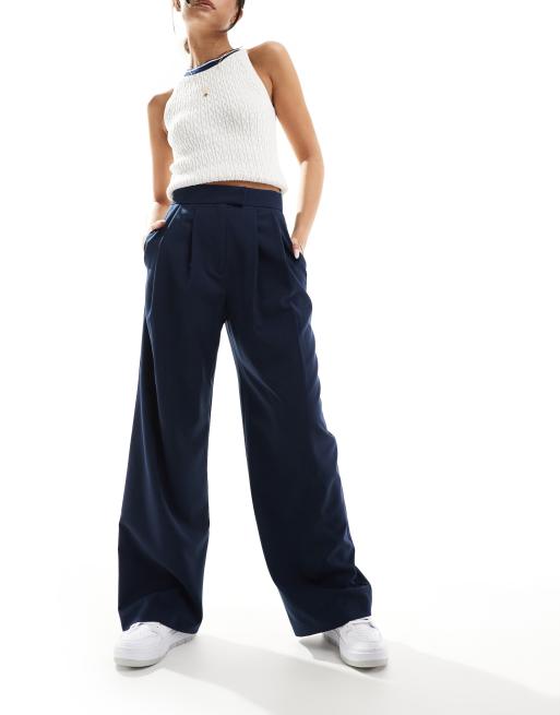 ASOS DESIGN tailored wide leg pants with pleat detail in navy