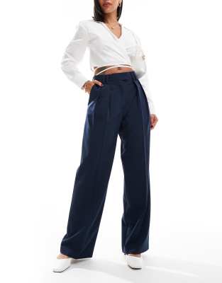 Asos Design Tailored Wide Leg Pants With Pleat Detail In Navy