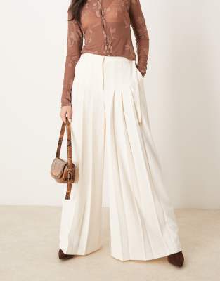 Asos Design Tailored Wide Leg Pants With Pleat Detail In Neutral