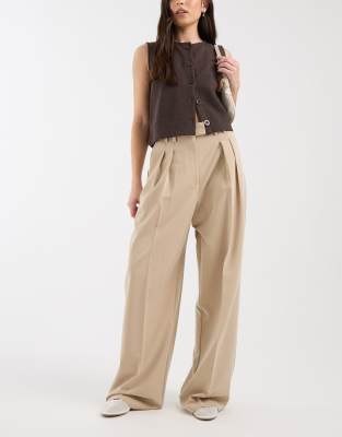 Asos Design Tailored Wide Leg Pants With Pleat Detail In Neutral