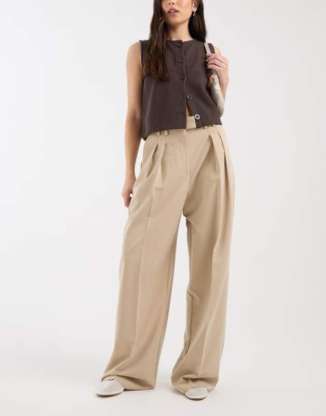 ASOS DESIGN tailored wide leg pants with pleat detail in stone - view 1