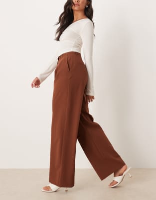 Asos Design Tailored Wide Leg Pants With Pleat Detailing In Brown