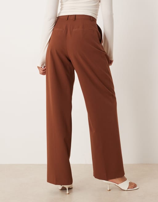 ASOS DESIGN tailored wide leg pants with pleat detailing in dark caramel