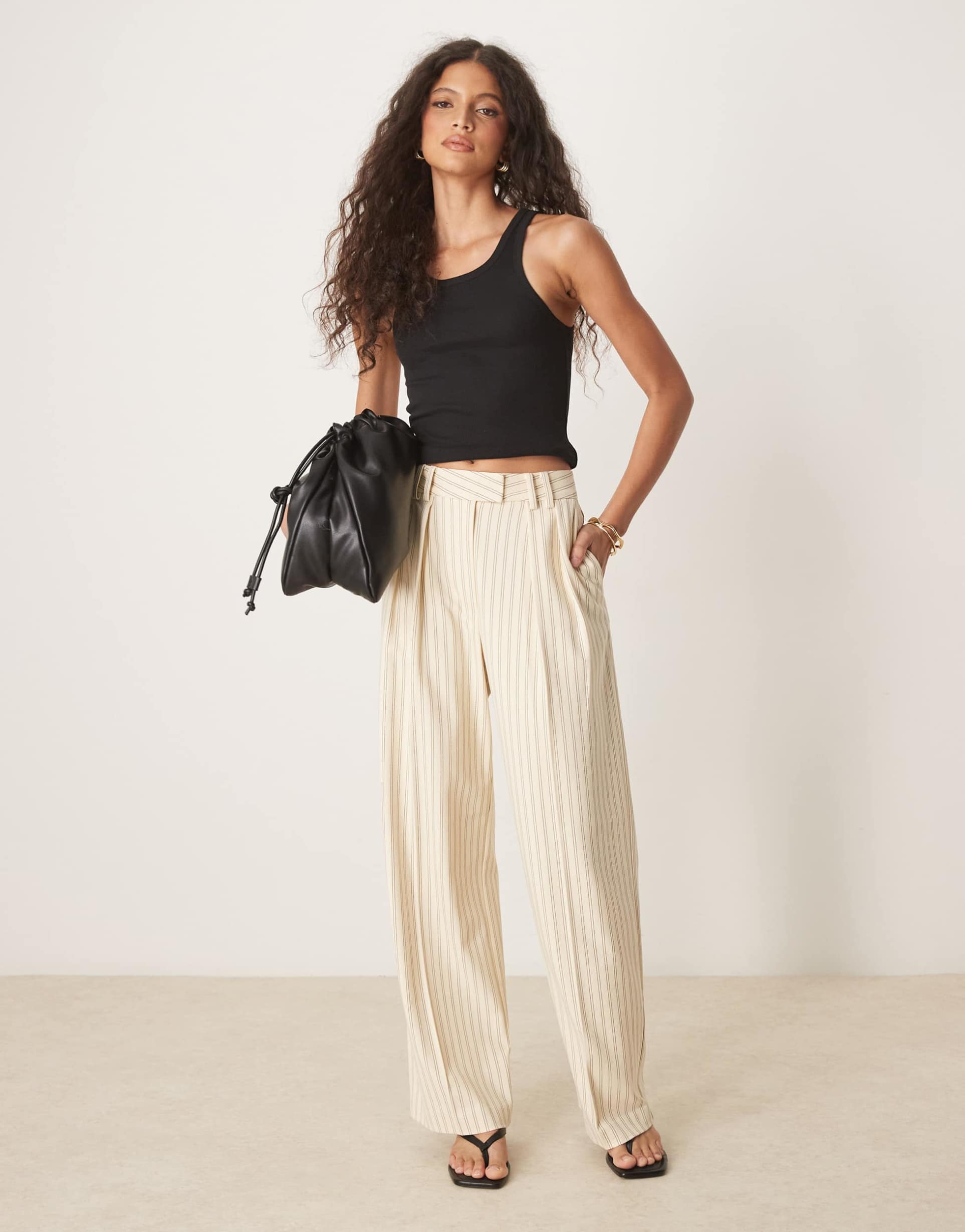 asos design tailored wide leg pants with pleat details in buttermilk stripe