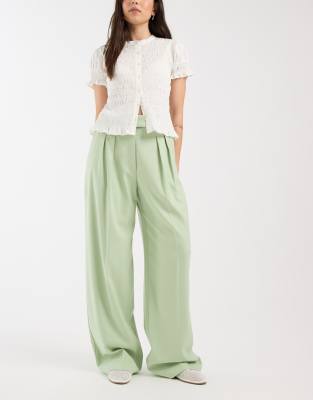 Asos Design Tailored Wide Leg Pants With Pleated Detailing In Green