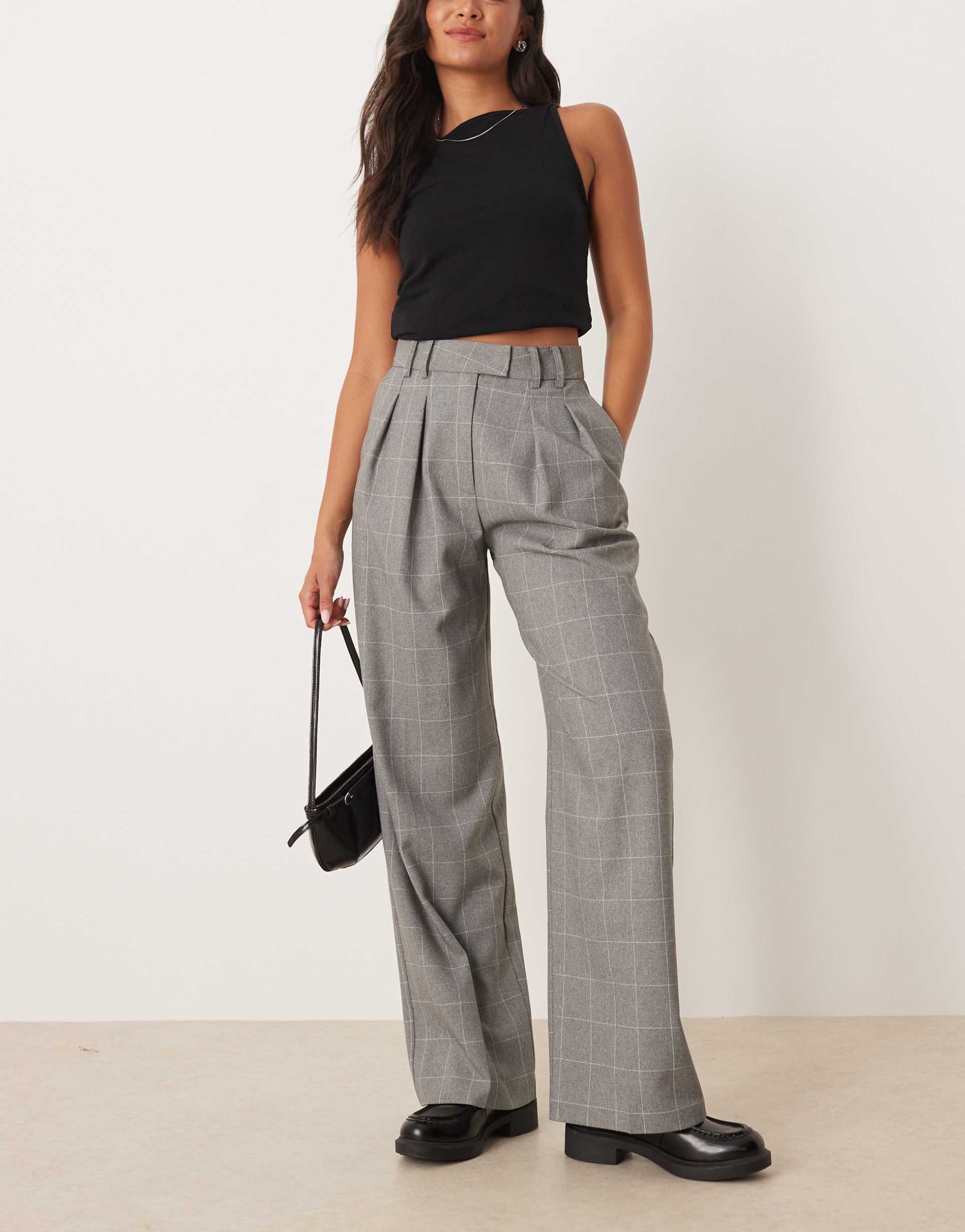 asos design tailored wide leg pants with pleated details in grid plaid