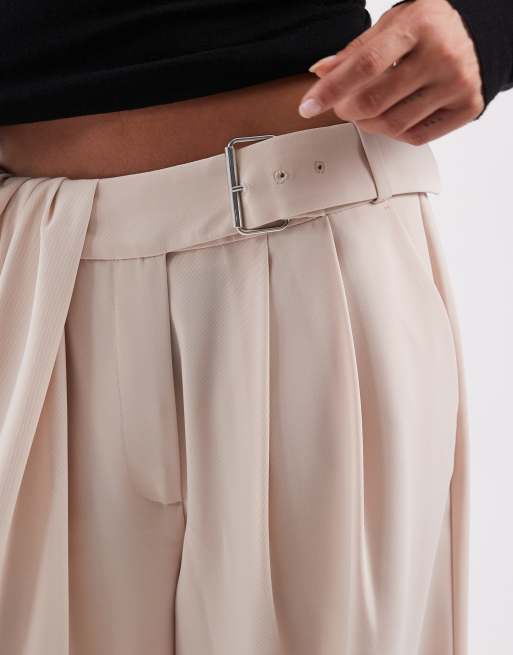 ASOS DESIGN tailored wide leg pants with pleated overlay & belt detailing in cream, 4 of 5