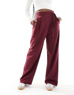ASOS DESIGN tailored wide leg pants with wrap tie detail in dark cherry