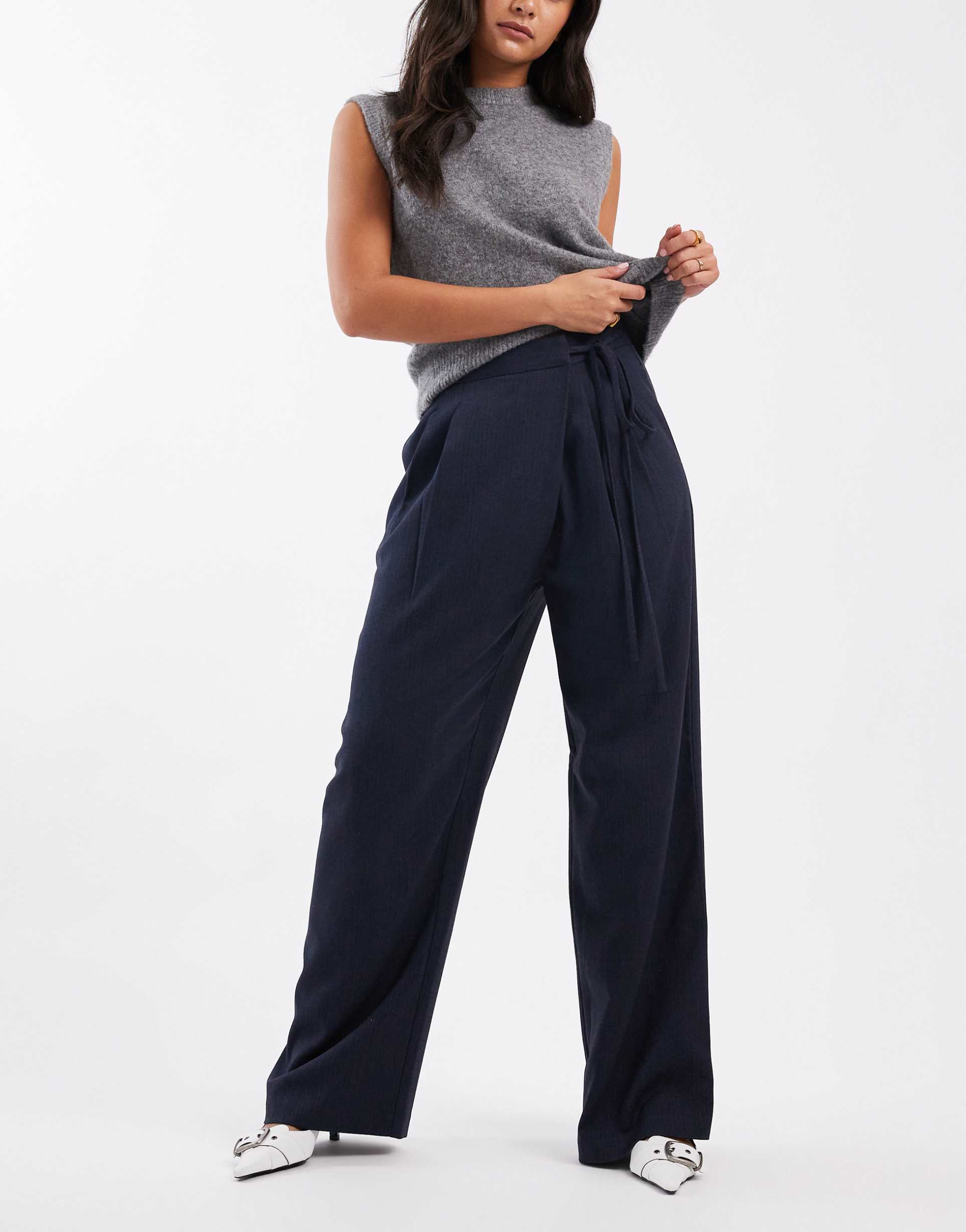 asos design tailored wide leg pants with wrap tie detail in navy