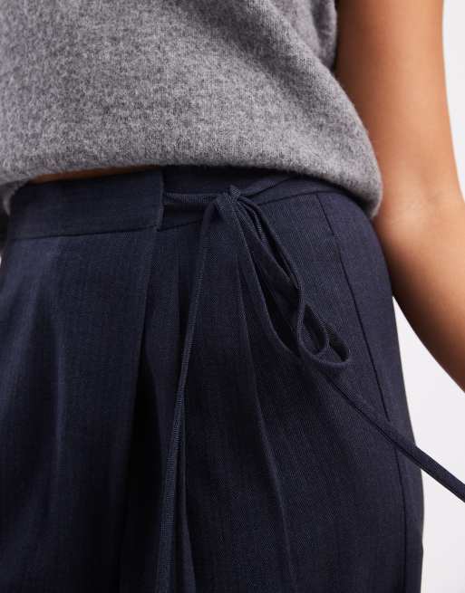 ASOS DESIGN tailored wide leg pants with wrap tie detail in navy, 5 of 5