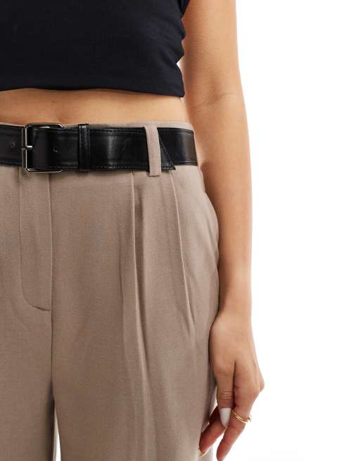 ASOS DESIGN tailored wide leg paper bag trousers with belt trim in mocha, 4 of 5