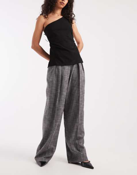ASOS DESIGN tailored wide leg pleat trousers in charcoal crosshatch 