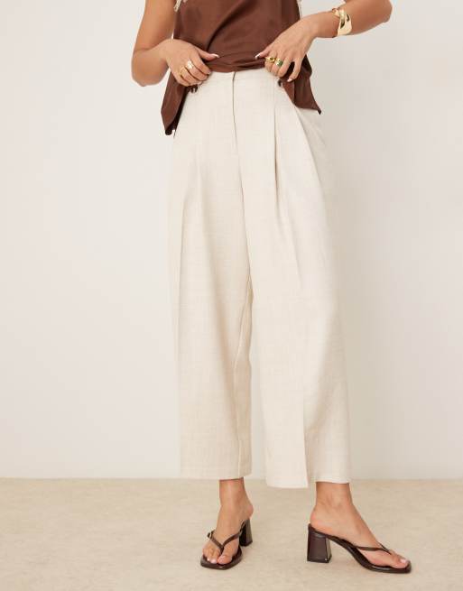 ASOS DESIGN tailored wide leg pleated ankle grazer pants in beige herringbone