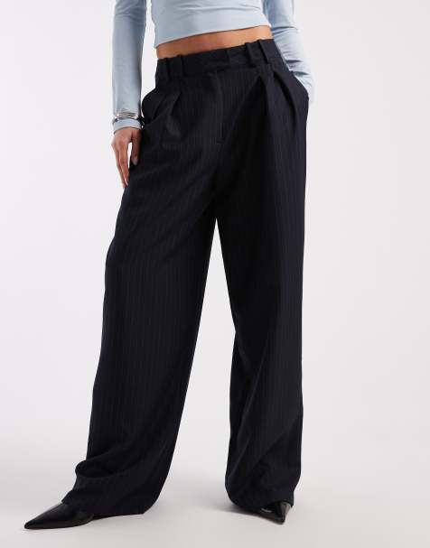 ASOS DESIGN tailored wide leg pleated pants in navy pinstripe - view 1