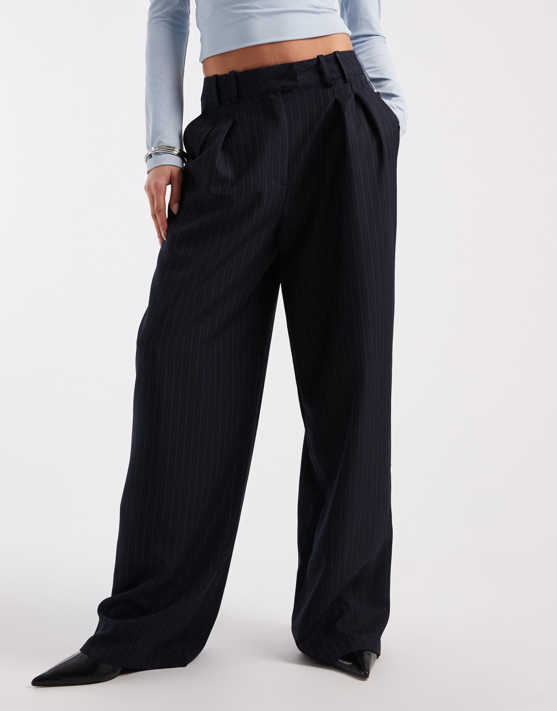 asos design tailored wide leg pleated pants in navy pinstripe