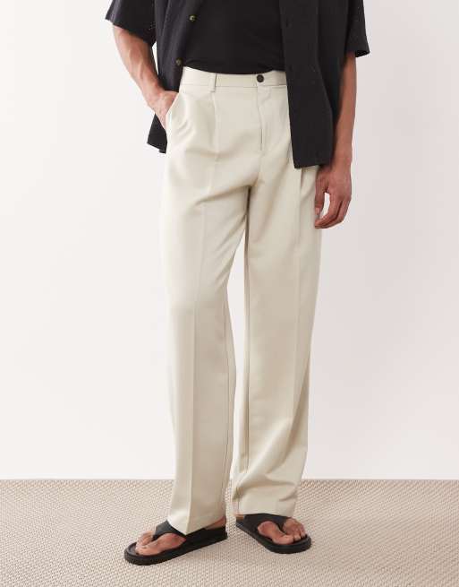 ASOS DESIGN tailored wide leg pleated pants with exposed button in ecru, 2 of 5