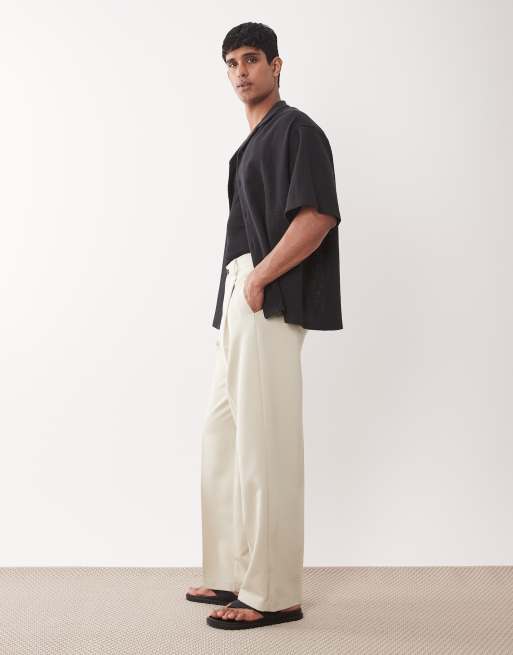ASOS DESIGN tailored wide leg pleated pants with exposed button in ecru, 3 of 5