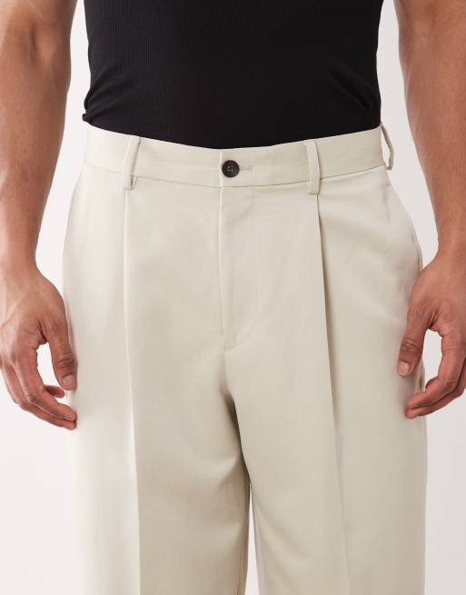 ASOS DESIGN tailored wide leg pleated pants with exposed button in ecru, 4 of 5