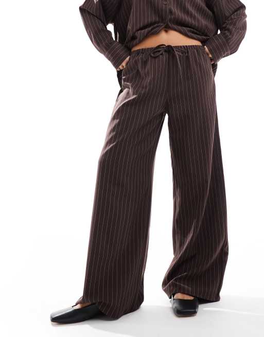 ASOS DESIGN tailored wide leg pull-on pants in chocolate pinstripe - part of a set