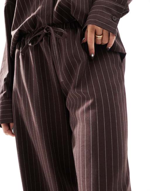 ASOS DESIGN tailored wide leg pull-on pants in chocolate pinstripe - part of a set