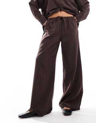 ASOS DESIGN tailored wide leg pull-on pants in chocolate pinstripe - part of a set