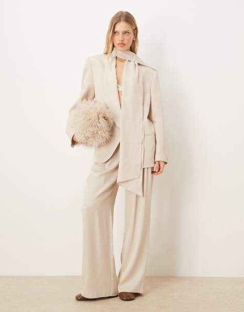 ASOS DESIGN tailored wide leg satin trousers with deep pleat waistband in cream 