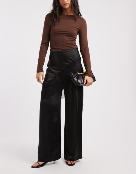 ASOS DESIGN tailored wide leg satin trousers with lace trim skirt overlay in black 