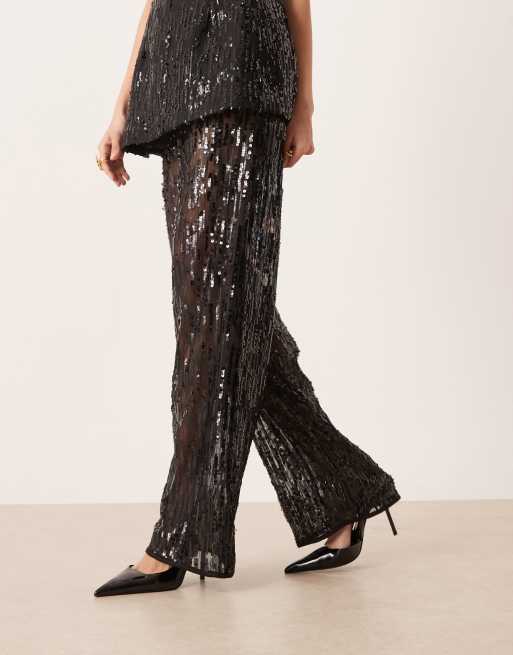 ASOS DESIGN tailored wide leg sheer sequin pants in black (part of a set) , 2 of 5