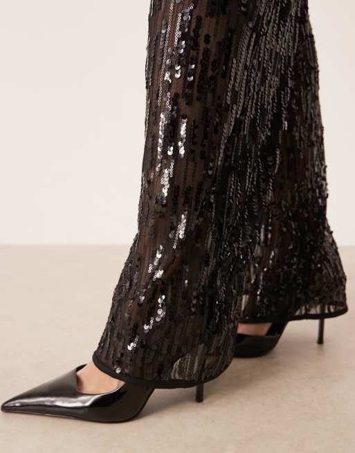 ASOS DESIGN tailored wide leg sheer sequin pants in black (part of a set) , 4 of 5