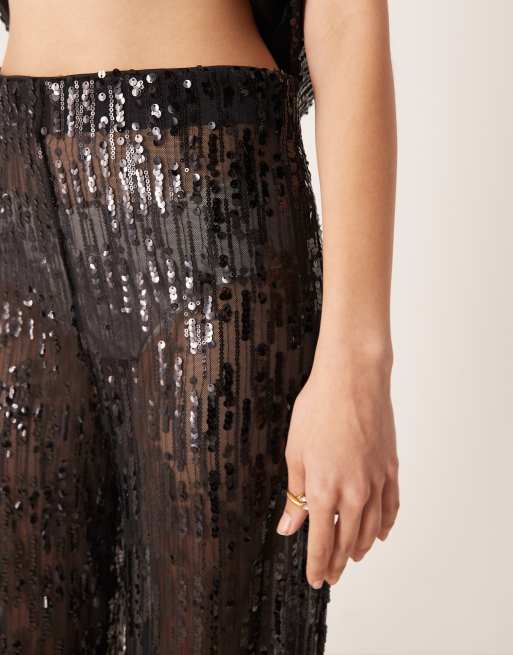 ASOS DESIGN tailored wide leg sheer sequin pants in black (part of a set) , 5 of 5