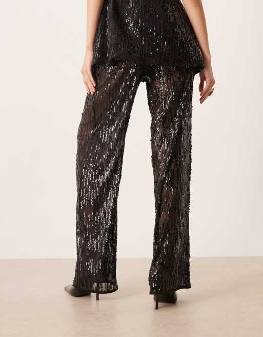 ASOS DESIGN tailored wide leg sheer sequin trousers co-ord in black , 3 of 5