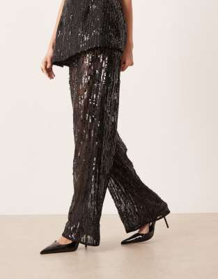 Asos Design Tailored Wide Leg Sheer Sequined Pants In Black