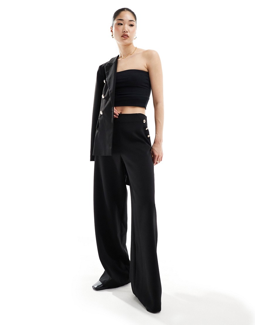 ASOS DESIGN tailored wide leg trouser with gold button detail in black