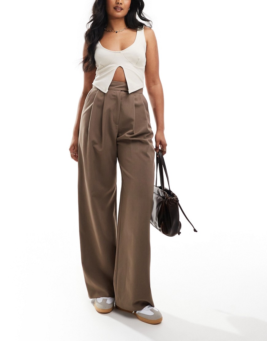 ASOS DESIGN tailored wide leg trouser with pleat detail in brown