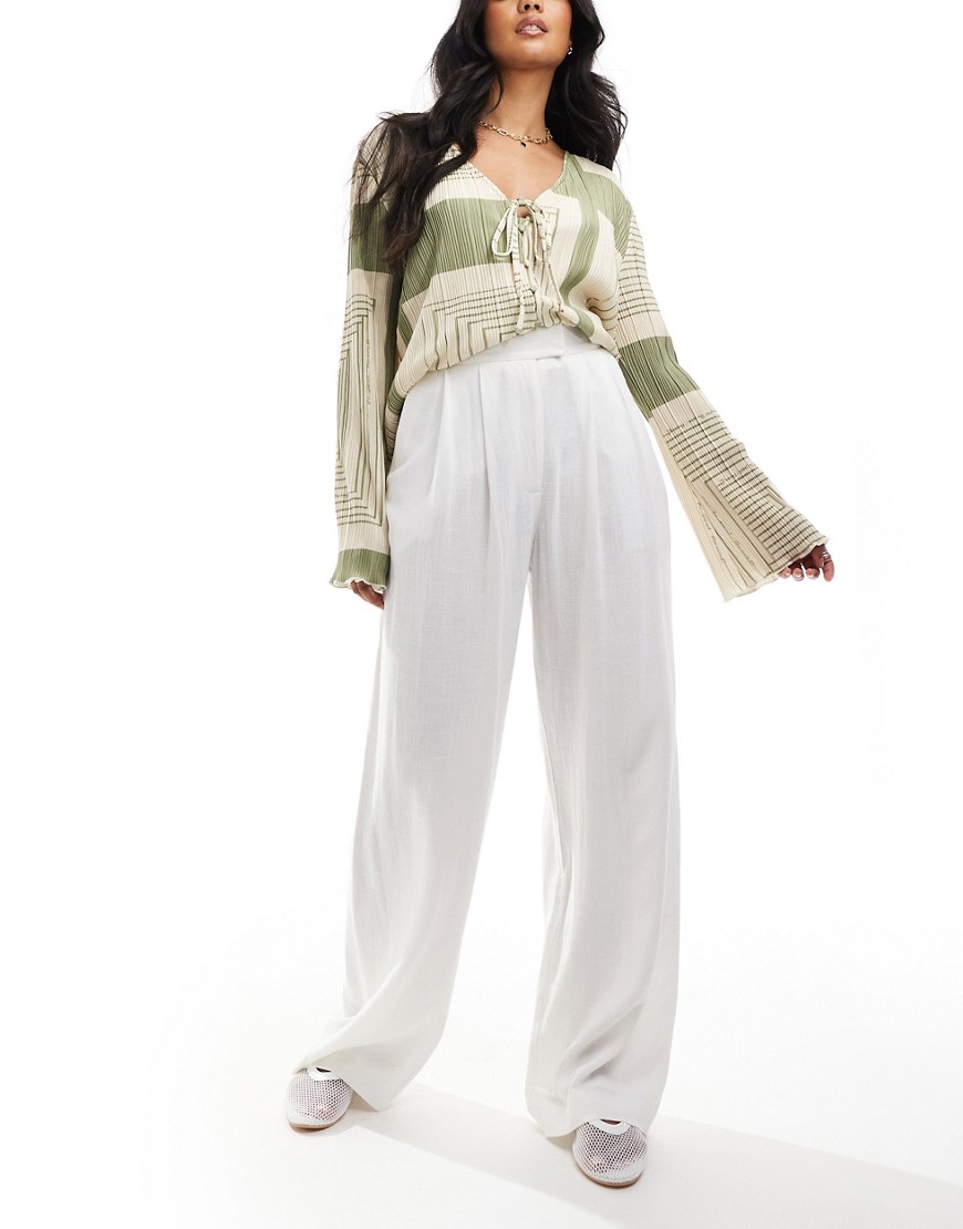 ASOS DESIGN tailored wide leg trouser with pleat detail with linen in white