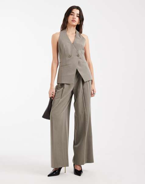 ASOS DESIGN tailored wide leg trousers co ord with belt in olive - view 1