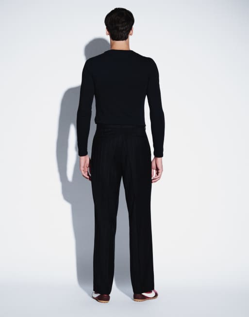 ASOS DESIGN tailored wide leg trousers in black jacquard textured stripe, 3 of 5