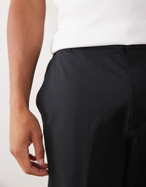 ASOS DESIGN tailored wide leg trousers in black seersucker with elasticated waist, 2 of 5