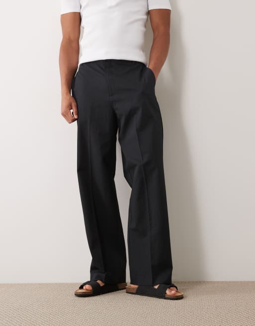 ASOS DESIGN tailored wide leg trousers in black seersucker with elasticated waist, 5 of 5