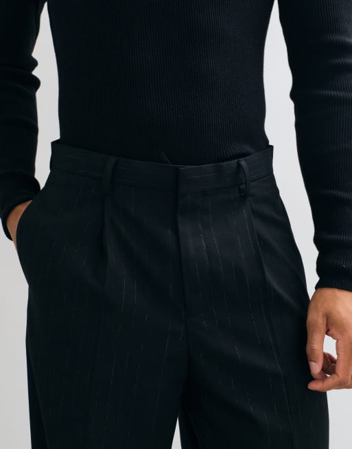 ASOS DESIGN tailored wide leg trousers in black subtle metallic pinstripe, 3 of 5