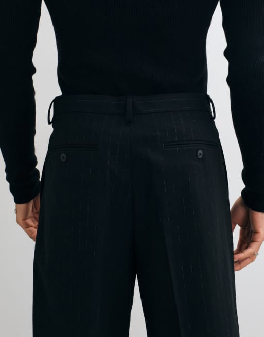 ASOS DESIGN tailored wide leg trousers in black subtle metallic pinstripe, 4 of 5