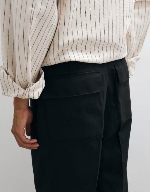 ASOS DESIGN tailored wide leg trousers in dark brown heavyweight twill with back patch pockets, 4 of 5